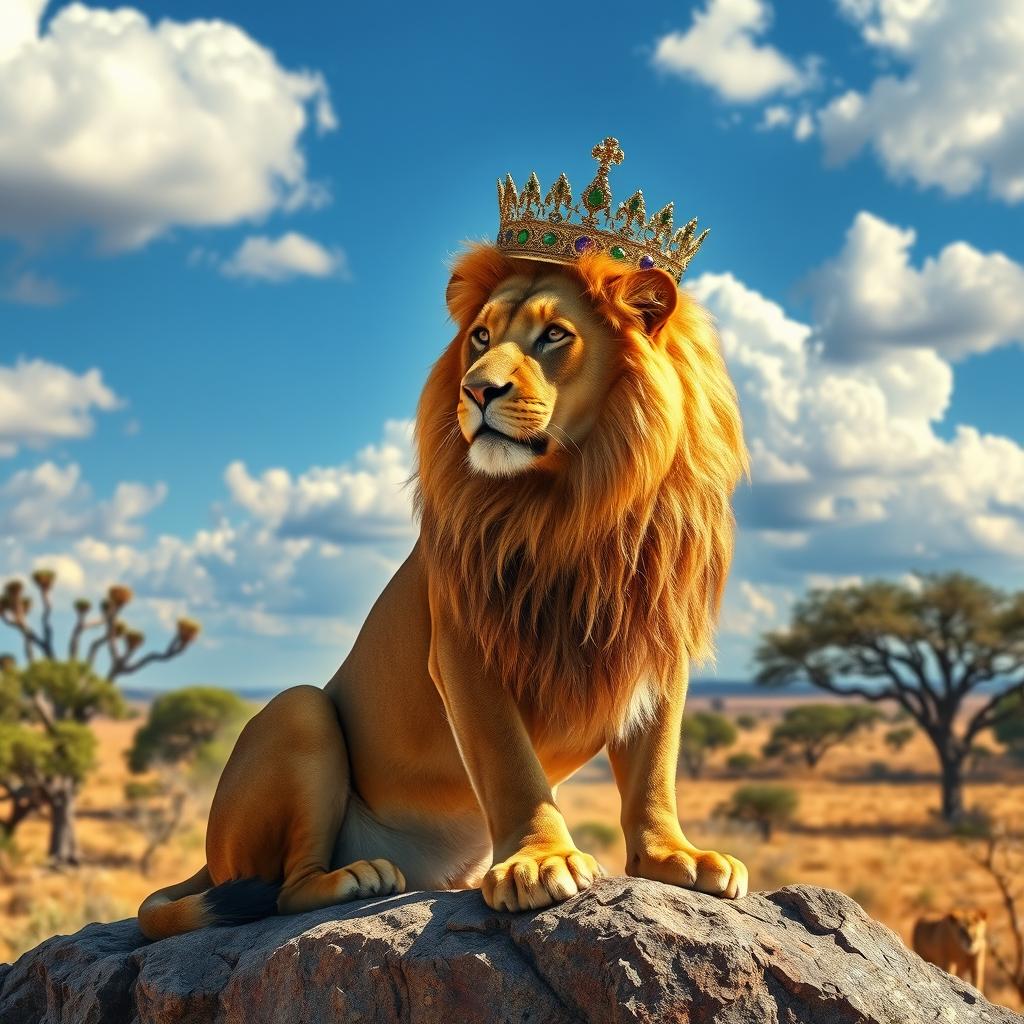 A majestic lioness with a golden mane, sitting regally on a rocky outcrop in a sunny savanna landscape