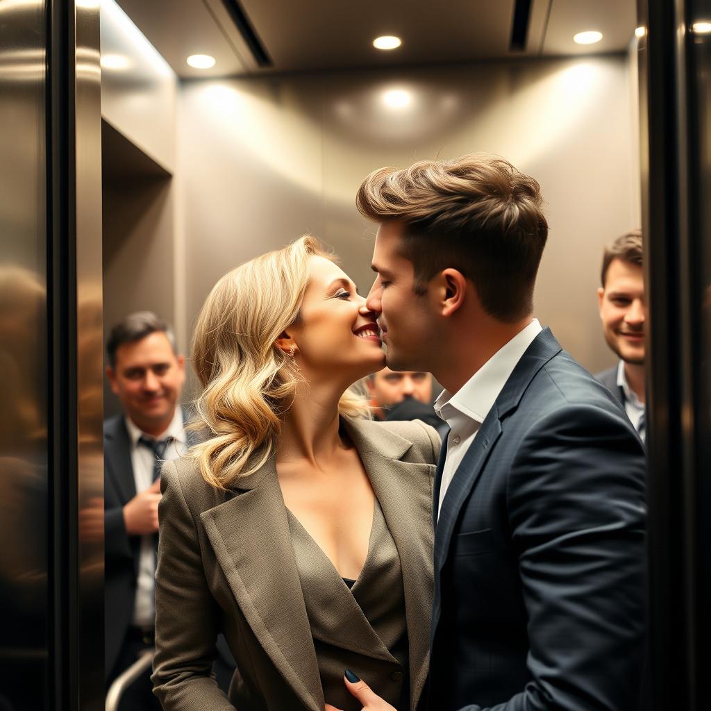 A scene inside a modern elevator featuring a romantic moment
