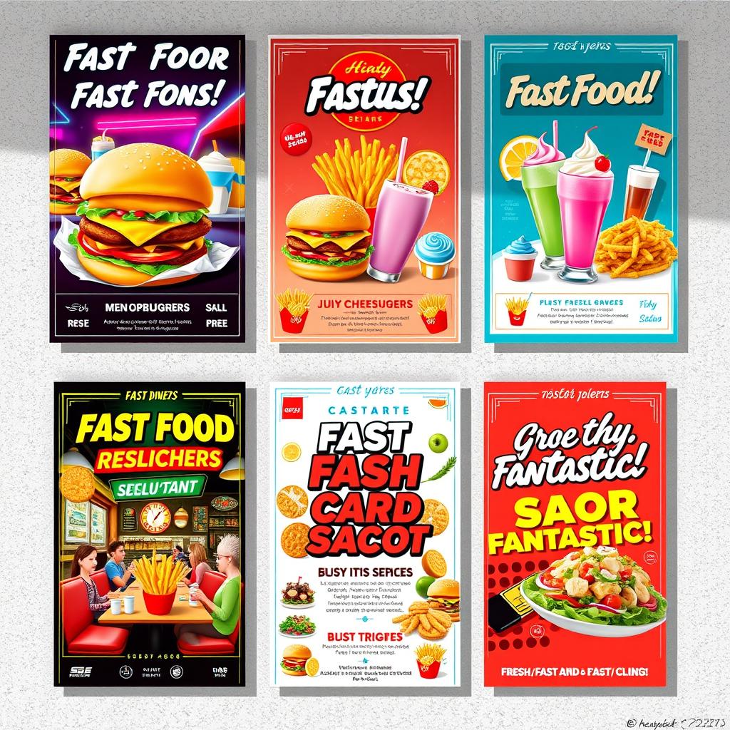A collection of vibrant and engaging fast food restaurant posters featuring various delicious menu items like juicy cheeseburgers, crispy fries, colorful milkshakes, and fresh salads