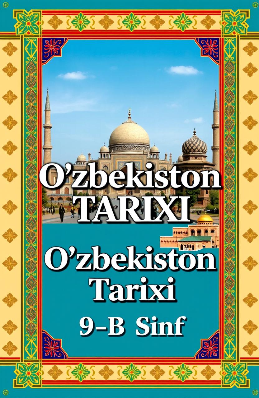 A visually appealing cover for a history book titled "O'zbekiston Tarixi" featuring the words "9-B Sinf" prominently displayed