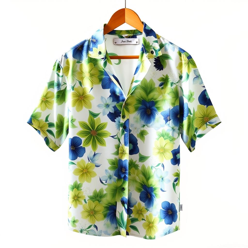 A stylish and fashionable shirt, featuring a vibrant floral pattern in shades of blue, green, and yellow