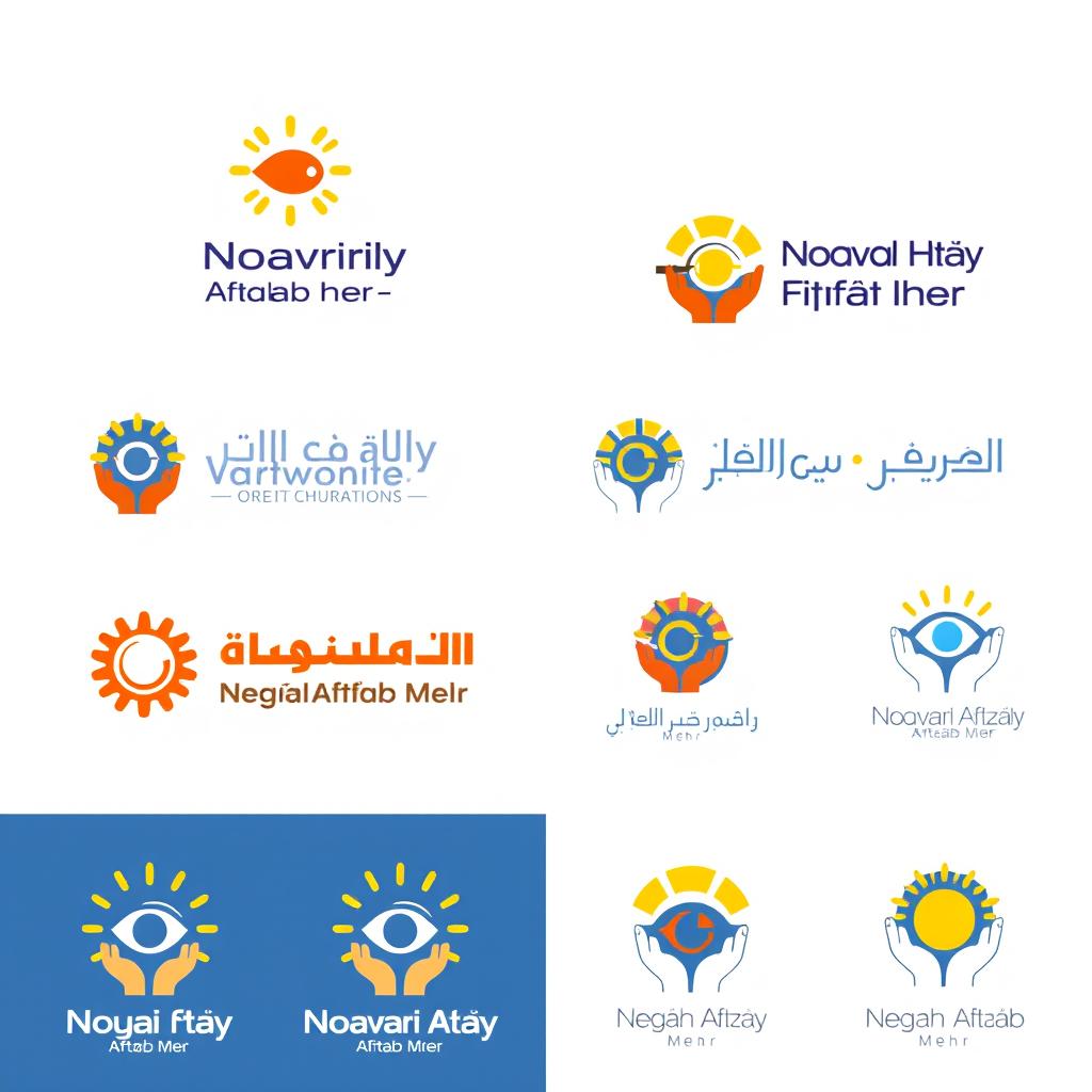 A series of diverse logo designs for a company named 'Noavari Afzay Aftaab Mehr', emphasizing the concept of technology and innovation