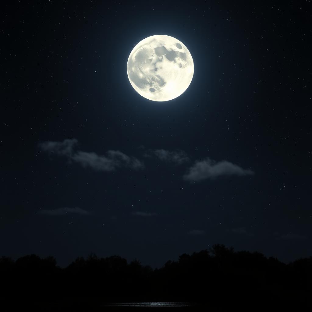 A breathtaking view of a full moon shining brightly in a clear night sky, surrounded by countless twinkling stars