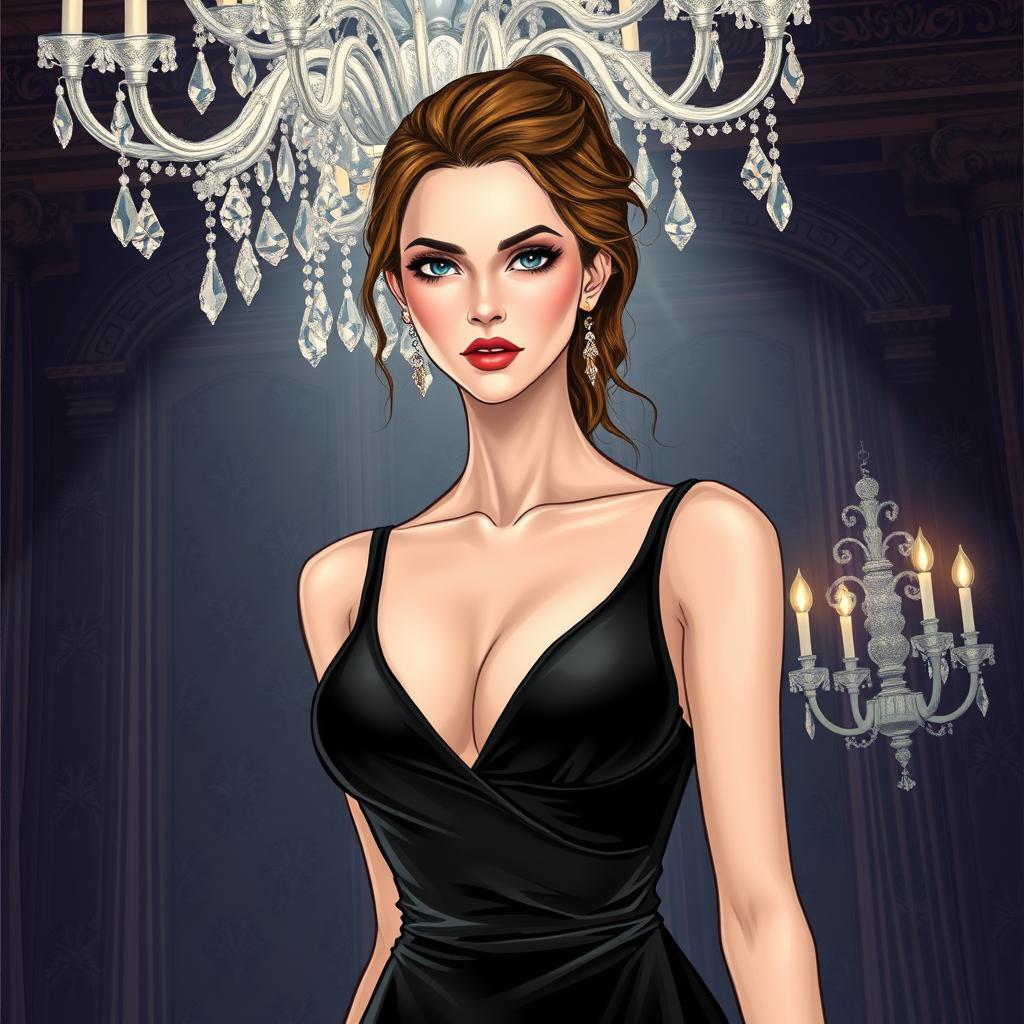 A captivating illustration of an elegant woman dressed in a sleek black dress, embodying sophistication and a fierce desire for revenge