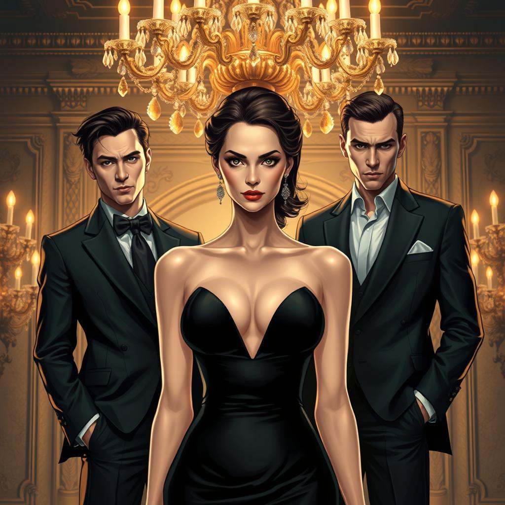 An artistic depiction of an elegant woman dressed in a sleek black dress, embodying grace and a fierce sense of vengeance