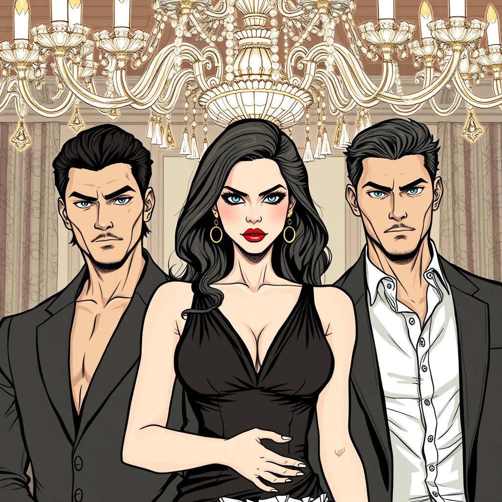 An artistic illustration of an elegant woman dressed in a sophisticated black dress, embodying a sense of revenge and allure