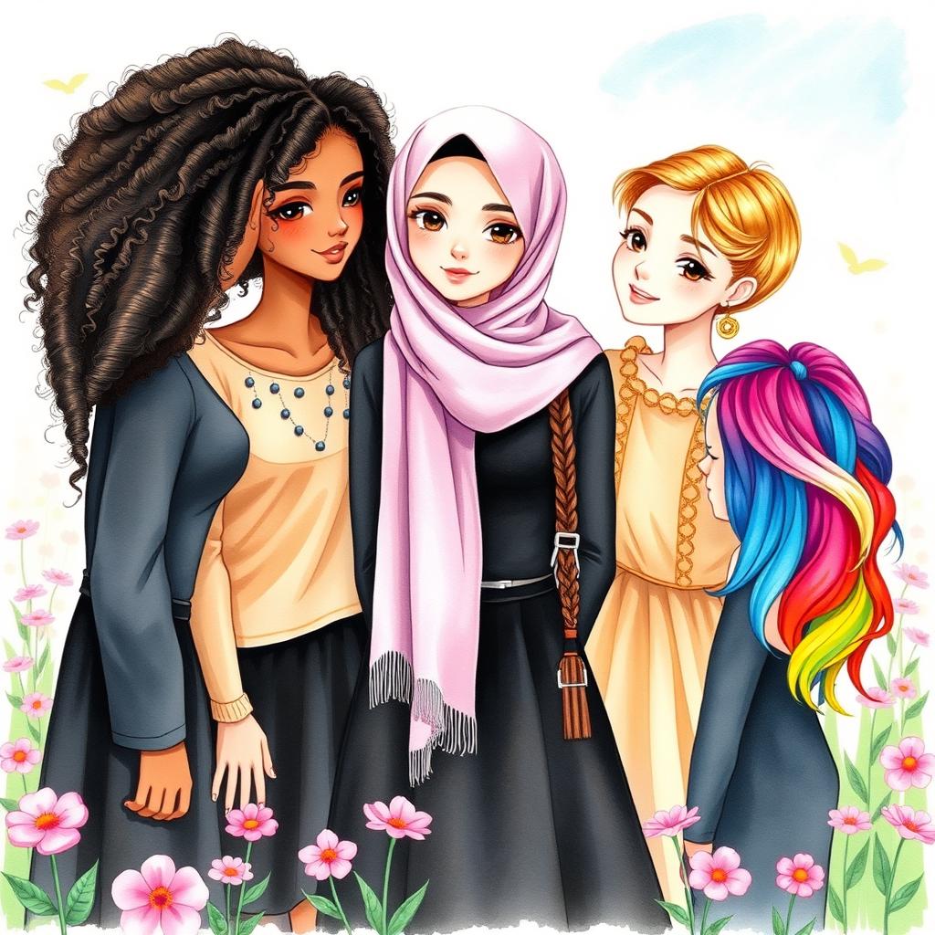 A beautiful watercolor painting featuring five girls, each with stunning hairstyles showcasing their individuality
