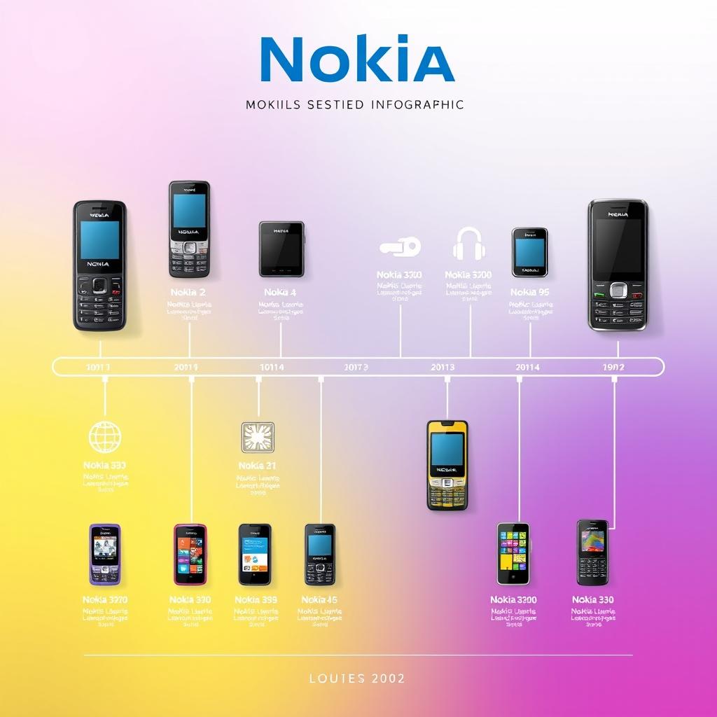 A visually appealing infographic showcasing various Nokia mobile phone models, complete with the name of each unit and their respective dates of publication