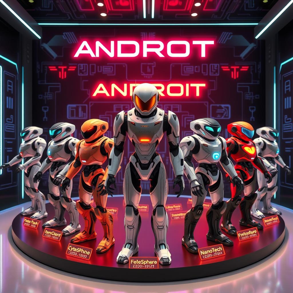 A collection of futuristic android units, each with unique designs and capabilities, arranged in a sleek, modern exhibit