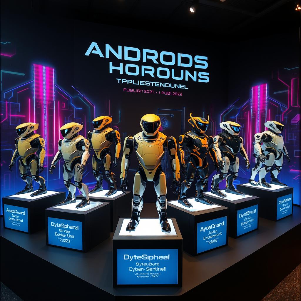An informative display featuring 10 unique android units, each showcasing its name and date of publication