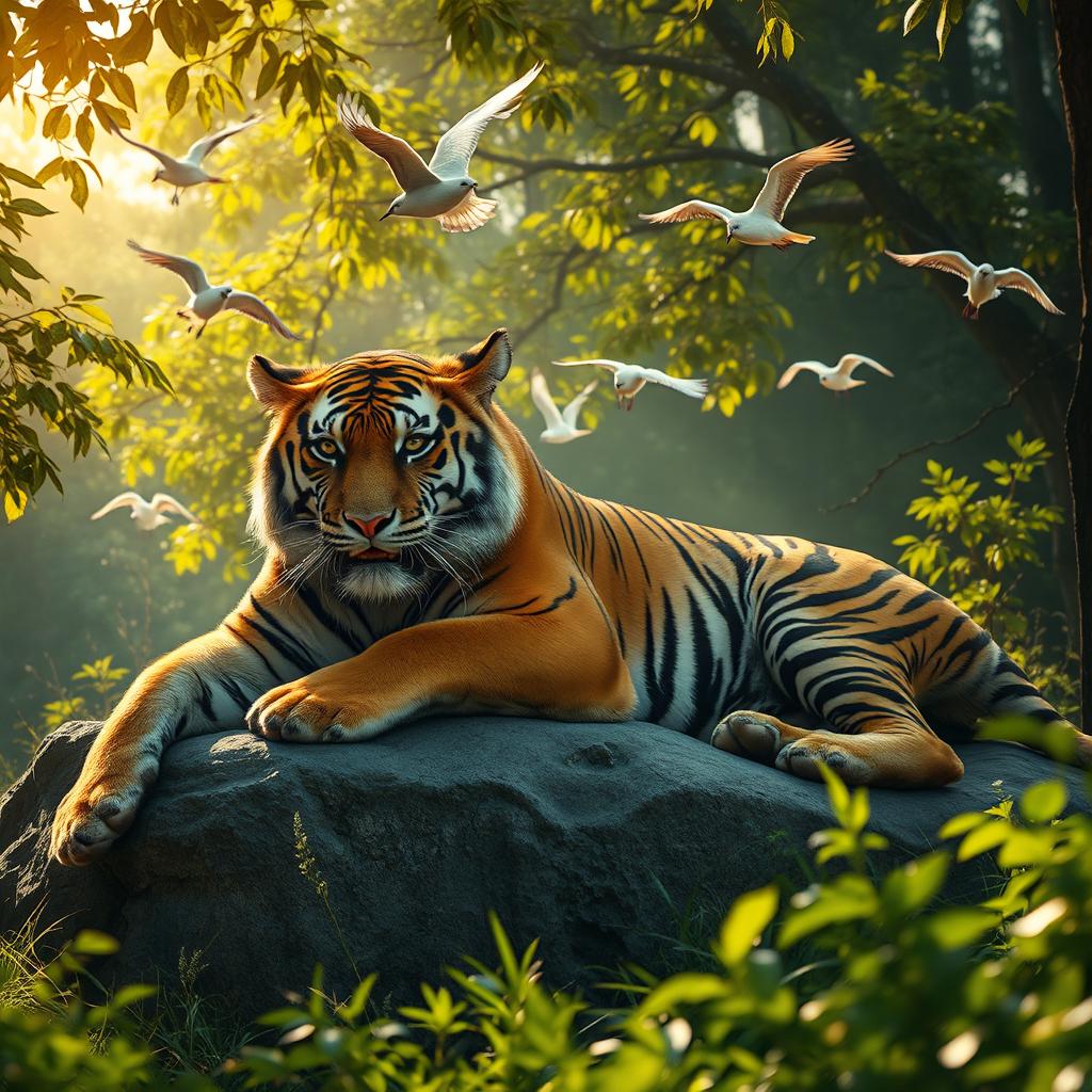 A majestic tiger lying on a large rock in the heart of a dense forest, bathed in the warm morning sunlight