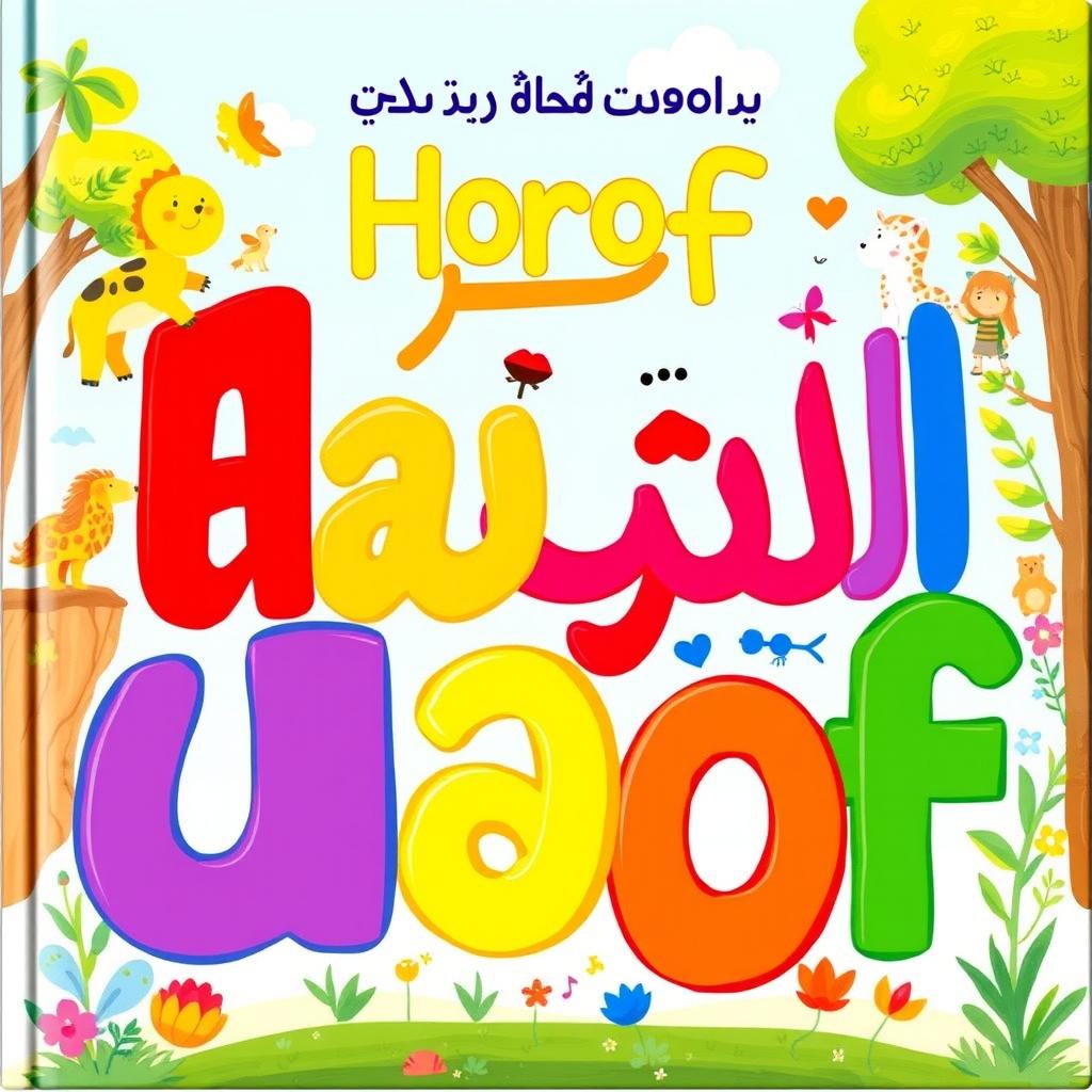 A captivating children's book cover featuring playful and colorful Arabic calligraphy (horof), designed to attract young readers