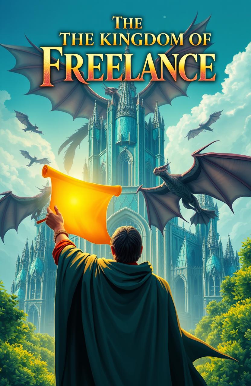 A cover design for a fantasy book titled 'The Kingdom of Freelance', featuring a heroic figure raising a glowing golden scroll as the main focal point