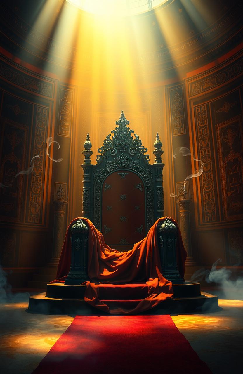 A mystical and ethereal scene depicting the "Shadows of the Throne" with vibrant colors and intricate patterns