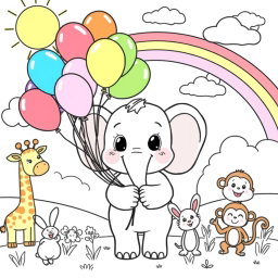 A whimsical and engaging coloring book page designed for kids, featuring a friendly cartoon elephant holding a bunch of colorful balloons, surrounded by playful animals like a cheerful giraffe, a hopping rabbit, and a curious monkey