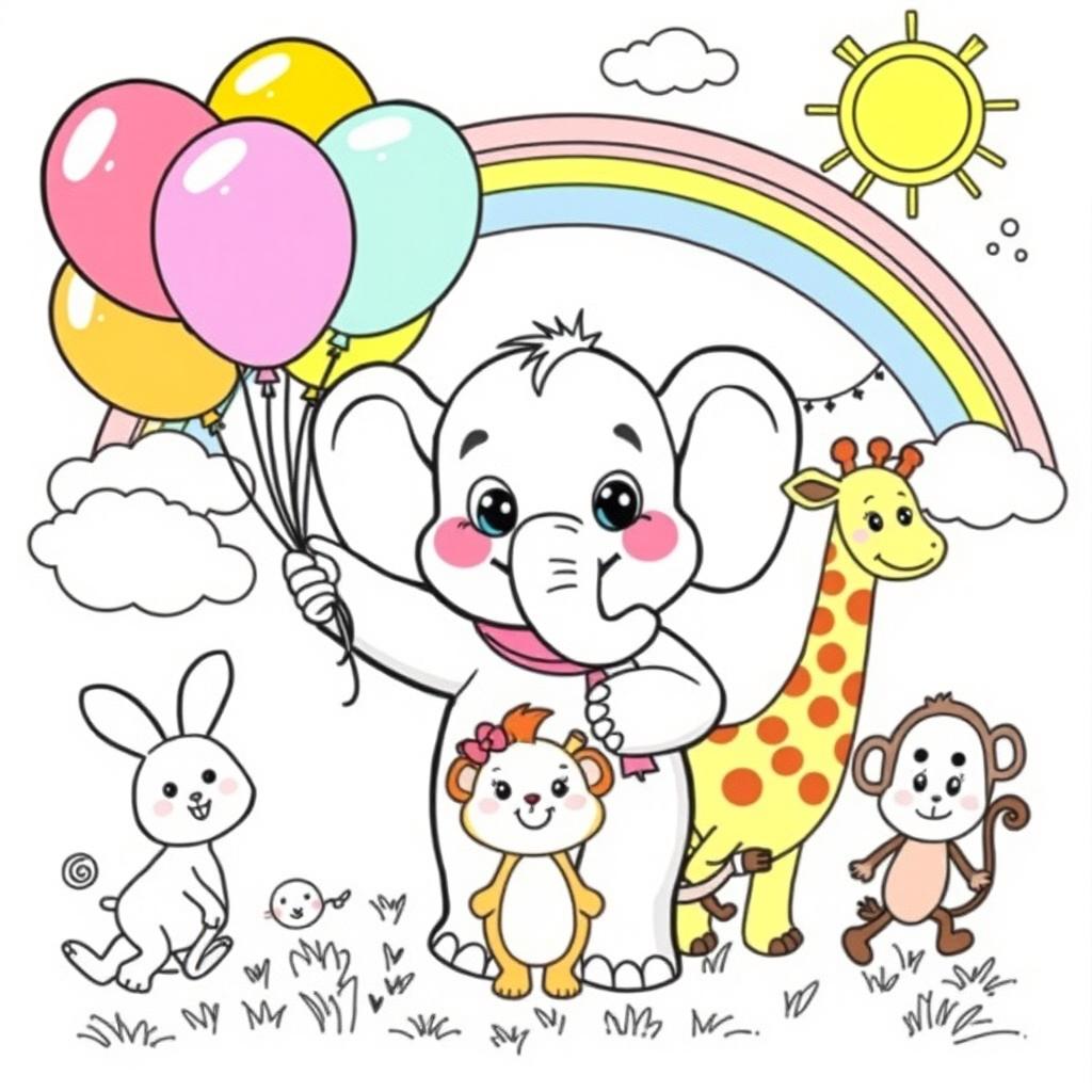 A whimsical and engaging coloring book page designed for kids, featuring a friendly cartoon elephant holding a bunch of colorful balloons, surrounded by playful animals like a cheerful giraffe, a hopping rabbit, and a curious monkey