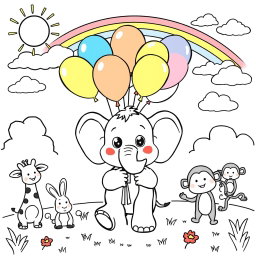 A whimsical and engaging coloring book page designed for kids, featuring a friendly cartoon elephant holding a bunch of colorful balloons, surrounded by playful animals like a cheerful giraffe, a hopping rabbit, and a curious monkey