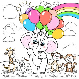 A whimsical and engaging coloring book page designed for kids, featuring a friendly cartoon elephant holding a bunch of colorful balloons, surrounded by playful animals like a cheerful giraffe, a hopping rabbit, and a curious monkey