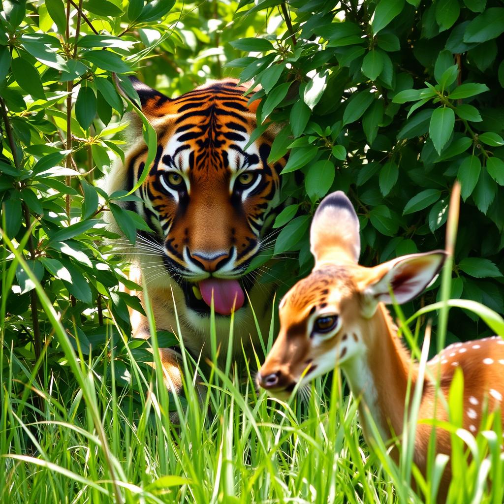 A majestic tiger stealthily lurking behind lush green bushes, its sharp eyes intensely focused, and its tongue playfully sticking out