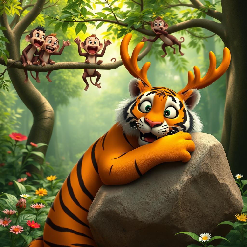 A comical scene featuring a surprised tiger hugging a large deer-shaped rock in a lush forest