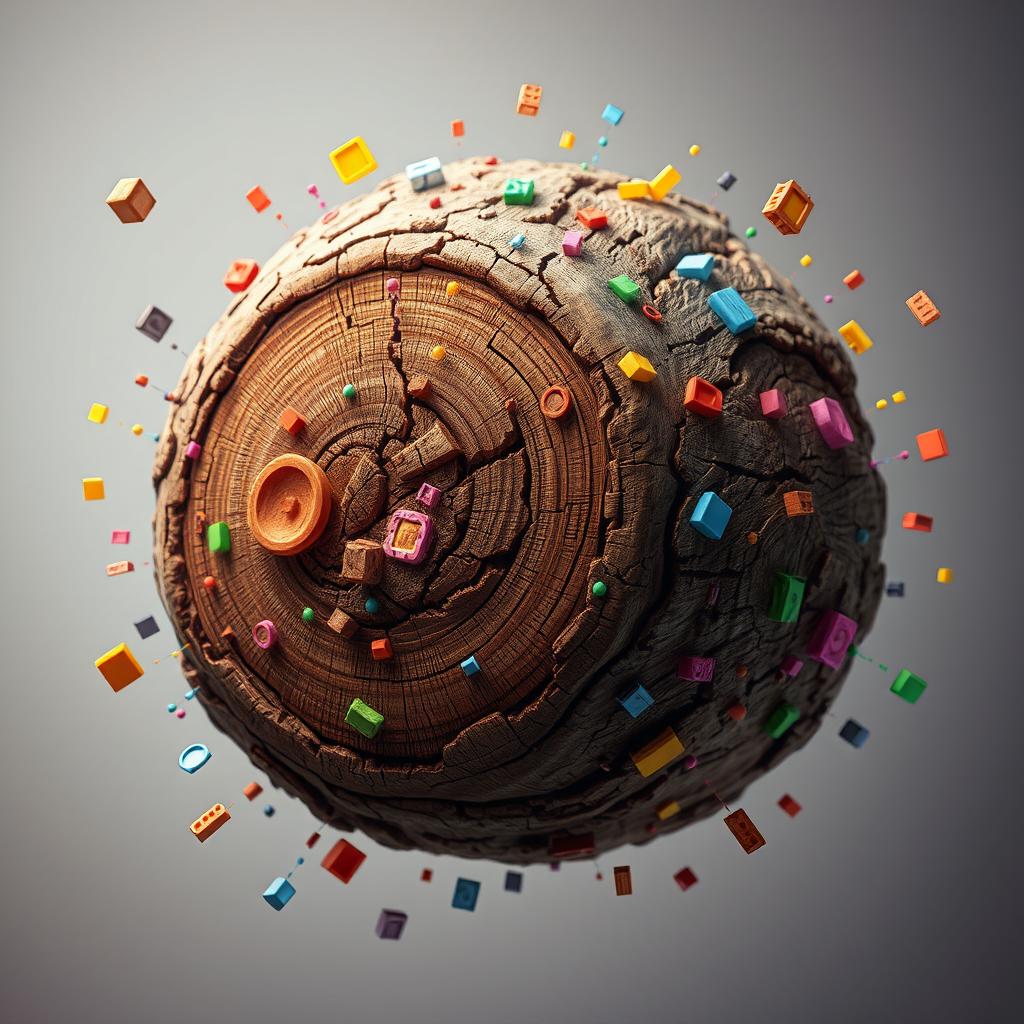 A highly detailed and vibrant art piece featuring a wooden core with pixelated designs on its surface