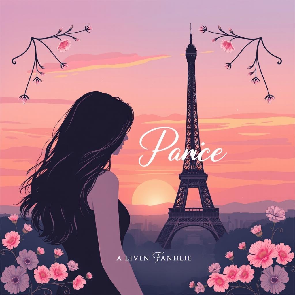 A book cover design featuring a beautiful, ethereal illustration of the Eiffel Tower in Paris during sunset, with soft pastel colors blending in the sky