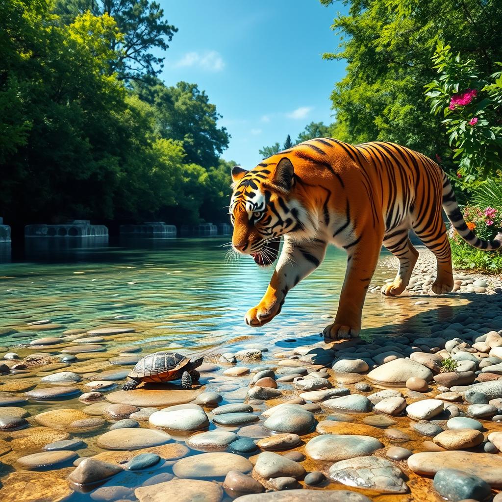 On the banks of a crystal clear river, a small turtle walks leisurely across the smooth pebbles, enjoying the sunlight glistening off the water