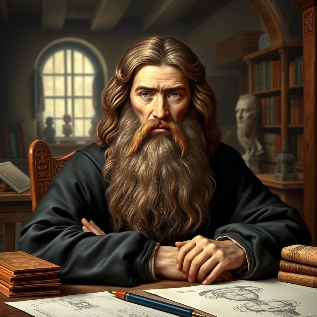 A beautifully detailed and realistic portrait of Leonardo da Vinci, showcasing his thoughtful expression and iconic long beard
