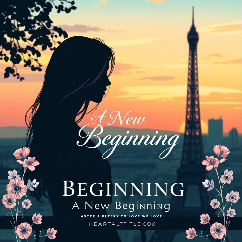 A book cover design for 'A New Beginning' featuring a beautiful, ethereal illustration of the Eiffel Tower in Paris during sunset, with soft pastel colors blending in the sky