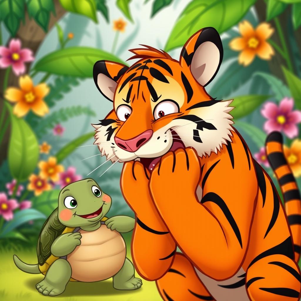 A humorous cartoon scene depicting a tiger attempting to bite a turtle