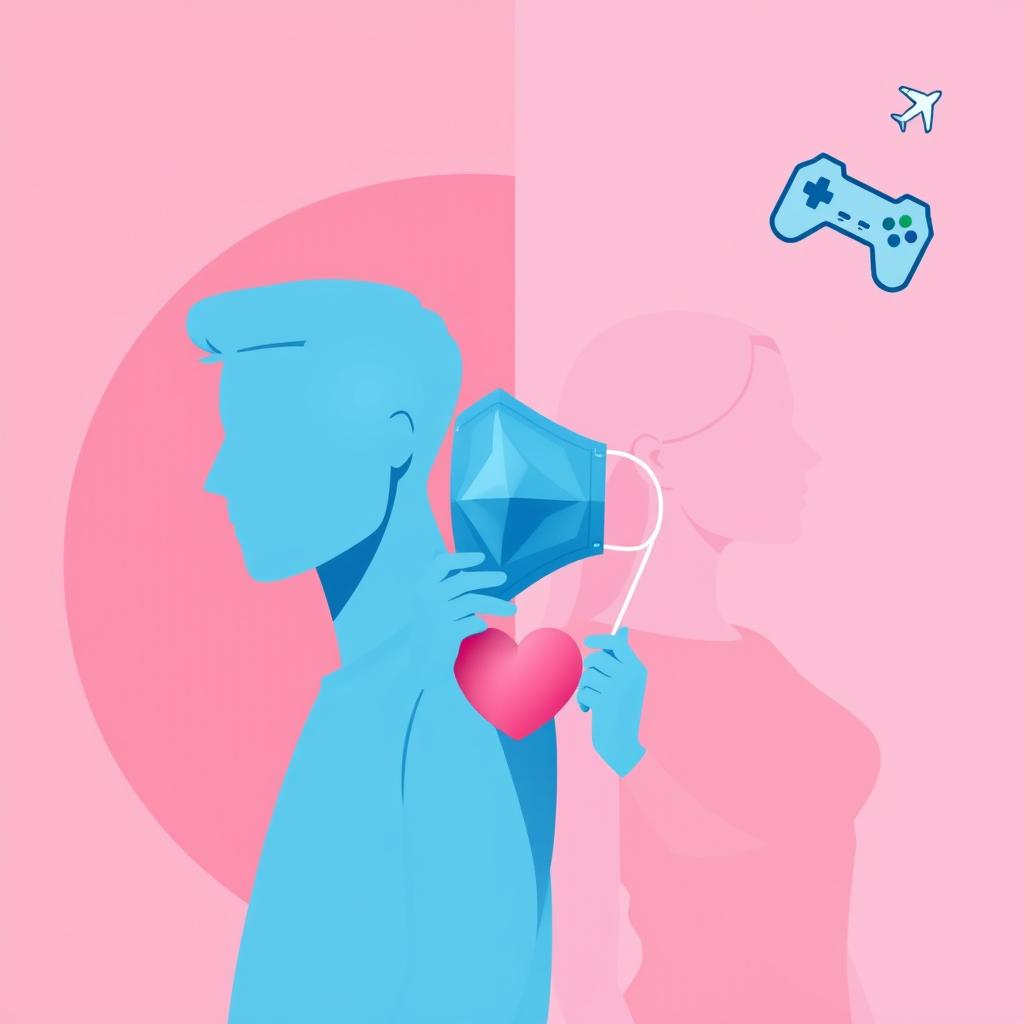A 2D flat design cover featuring a modern man in full light blue color with no face, without a shirt, depicted on the left side as a plain silhouette