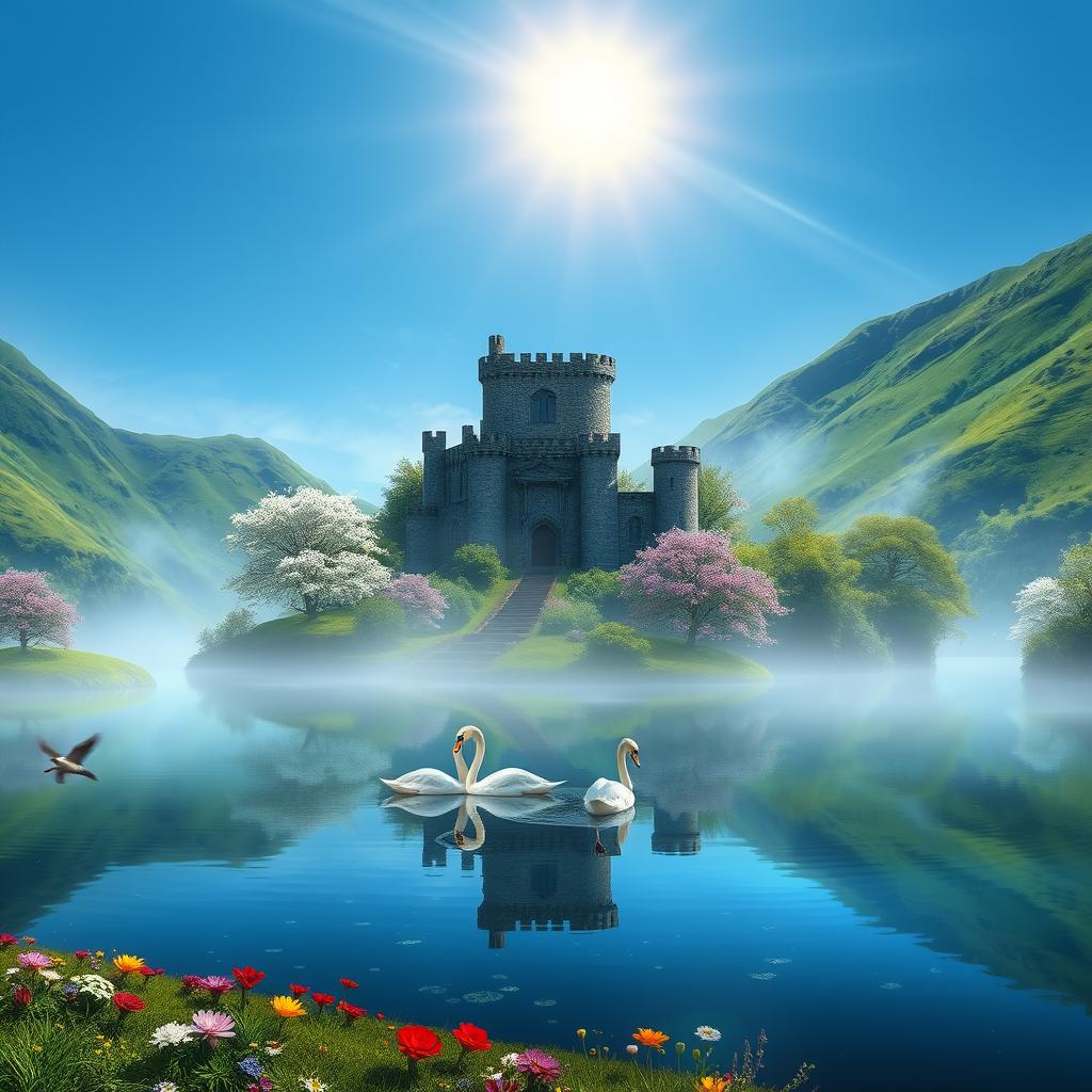 A scenic view of Avalon, an idyllic magical island shrouded in mist and mystery