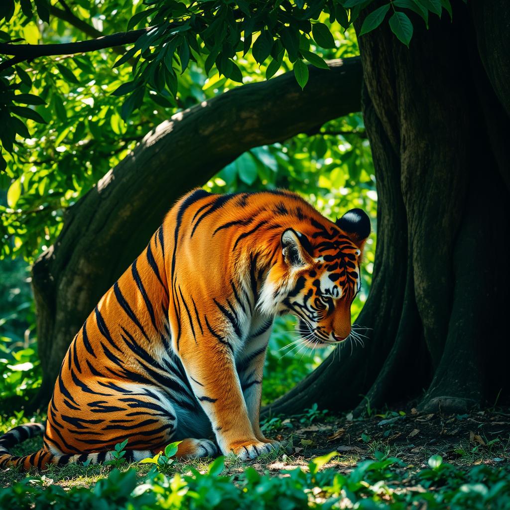 A majestic tiger sitting listlessly under a large, leafy tree with its head bowed, showcasing its vibrant orange and black stripes