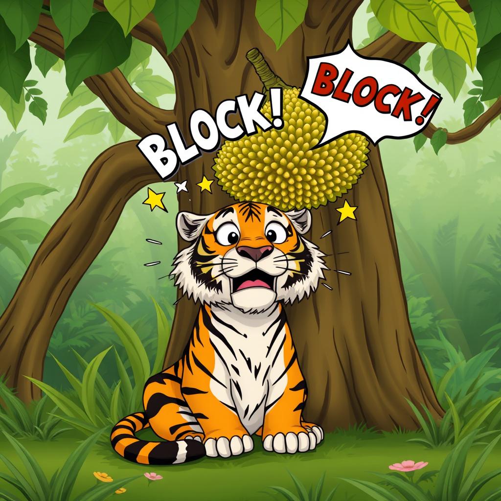 A humorous scene depicting a majestic tiger sitting under a large, leafy tree, suddenly startled as a big durian falls down and hits it on the head with a cartoonish 'BLOCK!' sound effect