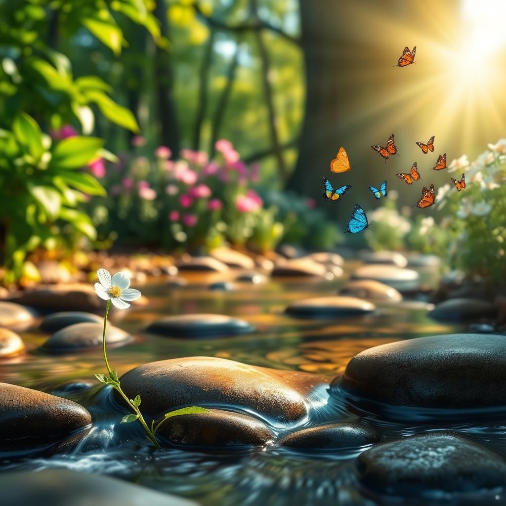 A serene and enchanted forest scene where nature flourishes with vibrant colors