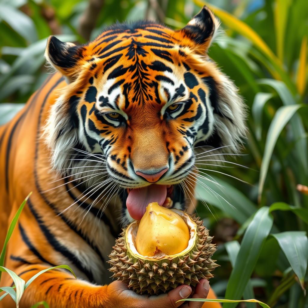 A playful scene of a majestic tiger hesitantly trying a durian for the first time, gently licking the spiky fruit