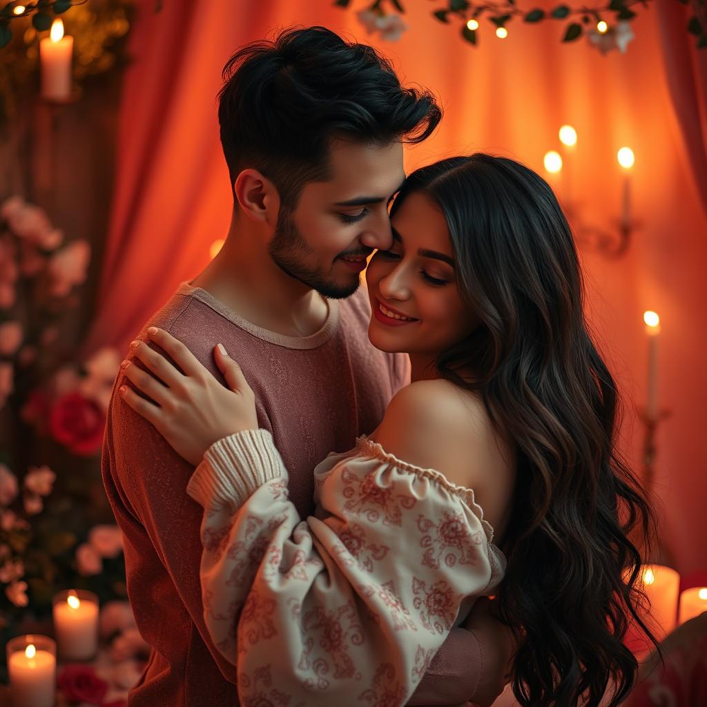 A beautifully intimate scene showcasing two people in a warm embrace, surrounded by a softly lit, romantic environment