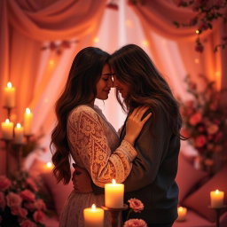 A beautifully intimate scene showcasing two people in a warm embrace, surrounded by a softly lit, romantic environment
