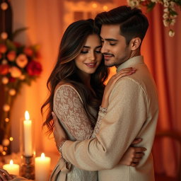 A beautifully intimate scene showcasing two people in a warm embrace, surrounded by a softly lit, romantic environment