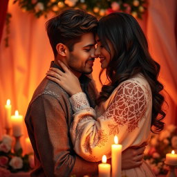 A beautifully intimate scene showcasing two people in a warm embrace, surrounded by a softly lit, romantic environment