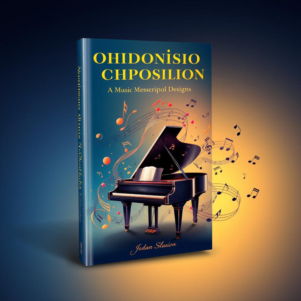 A stunning book cover design for a musical compositions book, featuring a beautifully illustrated grand piano surrounded by vibrant musical notes swirling around in dynamic patterns