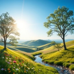 A tasteful and artistic portrayal of the beauty of nature, featuring a stunning landscape with soft, rolling hills under a clear blue sky