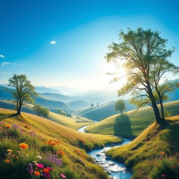 A tasteful and artistic portrayal of the beauty of nature, featuring a stunning landscape with soft, rolling hills under a clear blue sky