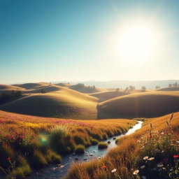 A tasteful and artistic portrayal of the beauty of nature, featuring a stunning landscape with soft, rolling hills under a clear blue sky