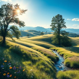 A tasteful and artistic portrayal of the beauty of nature, featuring a stunning landscape with soft, rolling hills under a clear blue sky