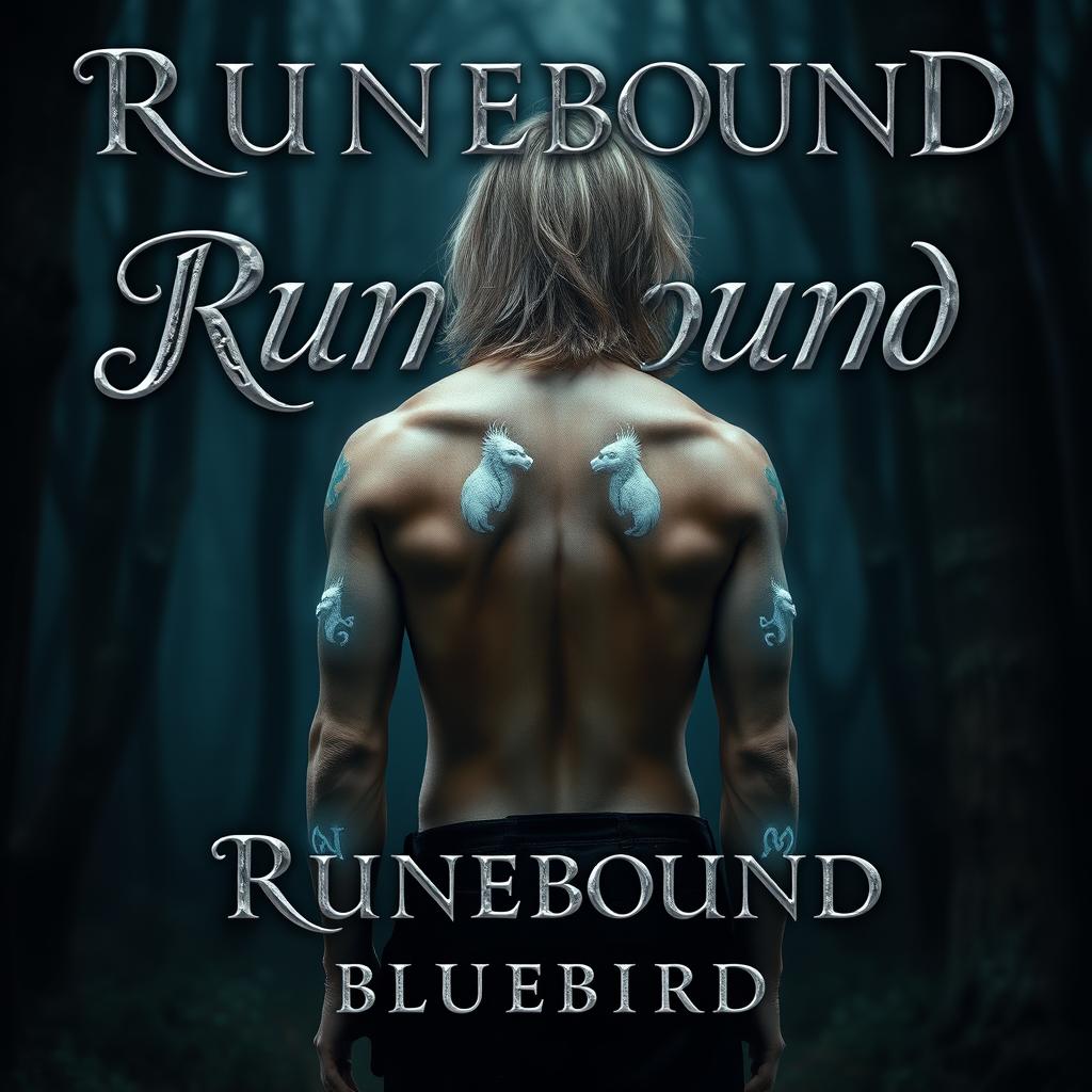 A fantasy-inspired atmosphere featuring a male figure with shoulder-length blonde hair standing with his bare back towards the viewer