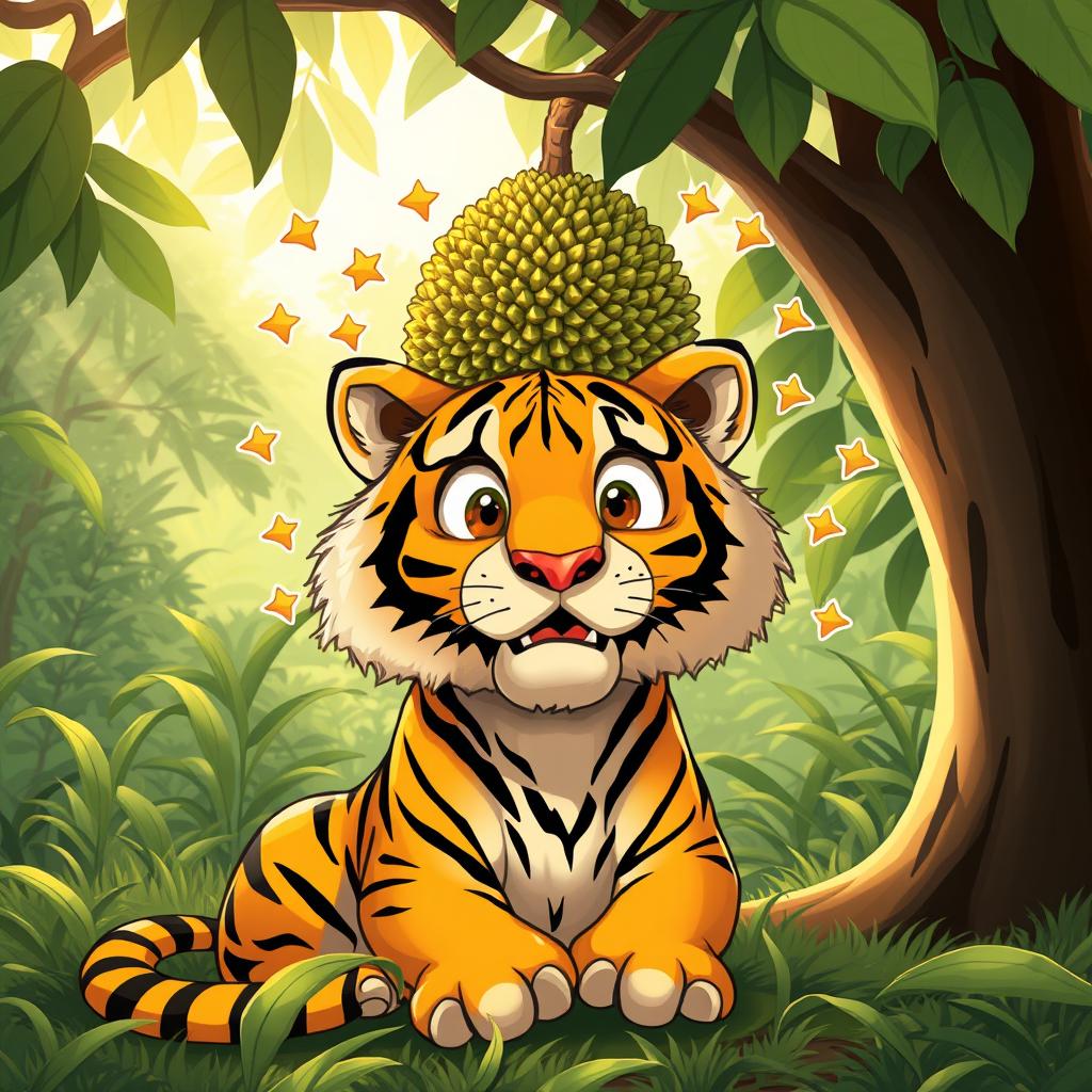 A whimsical scene of a majestic tiger sitting under a leafy tree, suddenly surprised as a big durian falls right on its head