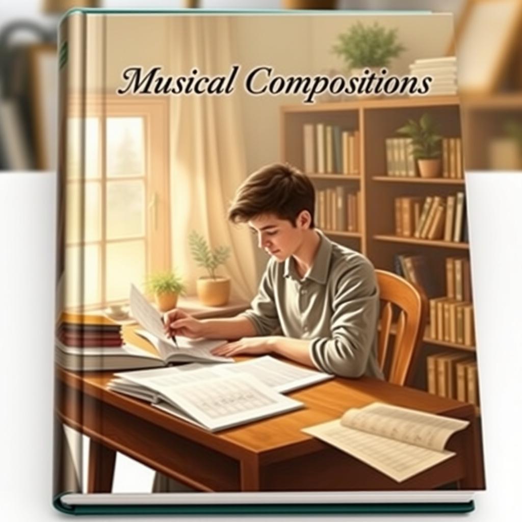 A book cover design featuring a serene scene of a person immersed in writing musical compositions