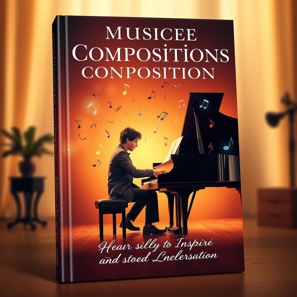 An enchanting book cover design for a musical compositions book, featuring a contemplative musician seated at a grand piano, passionately composing music
