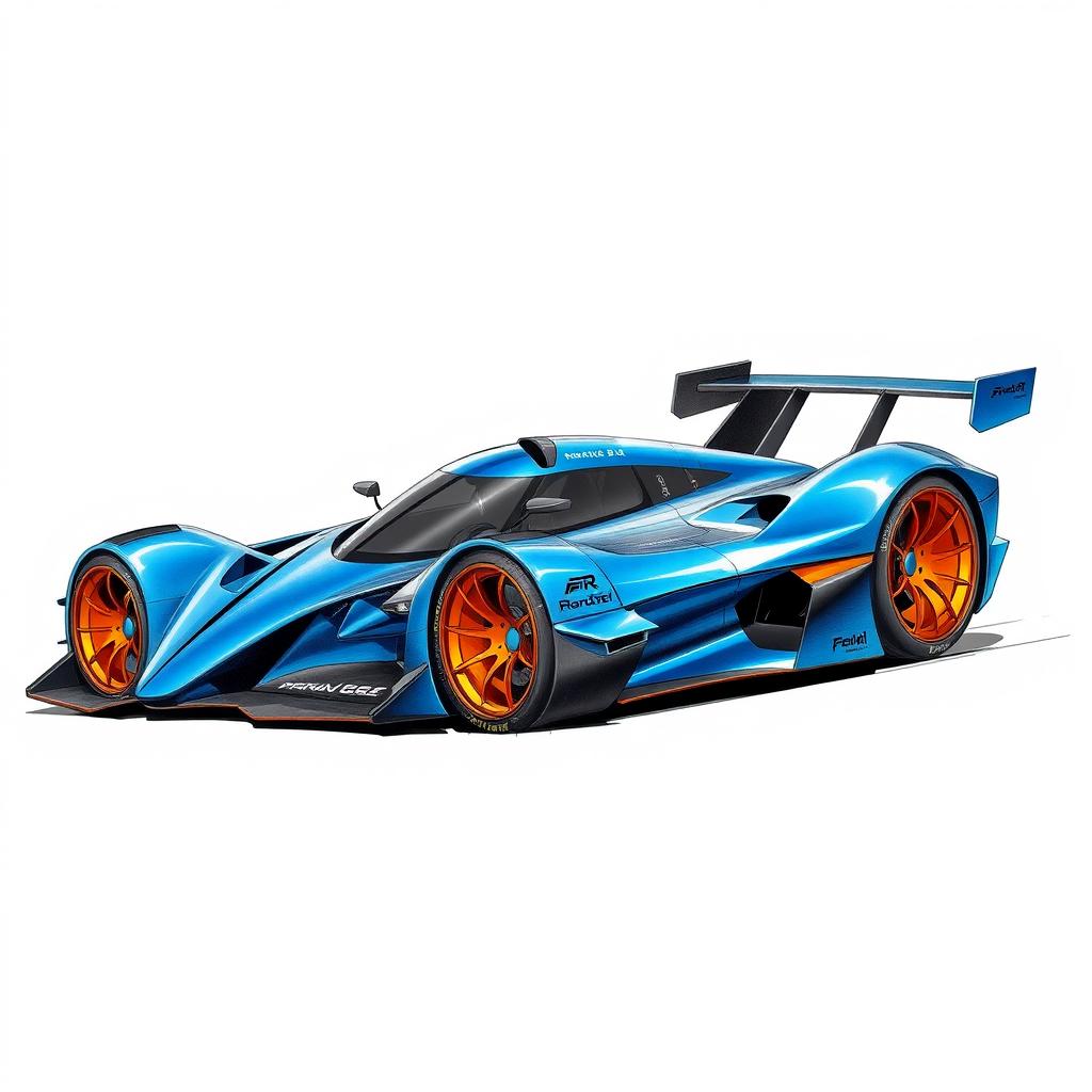 A sketch of a touring car designed for competition, resembling a Formula 1 car with excellent aerodynamics and a prominent rear wing